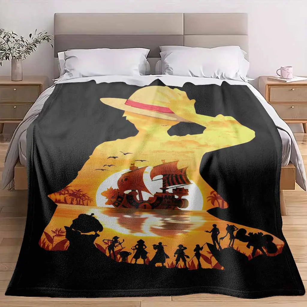 Sunset Pirate Ship Silhouette Print Flannel Fabric Throw Blanket - Soft, Lightweight, Breathable, Anti-Pilling, Wrinkle-Resistant, Multi-Size - Cozy Setup Gift Decor for Sofa, Camping, Daily Office Life (TikTok Shop Spring Glow Up)