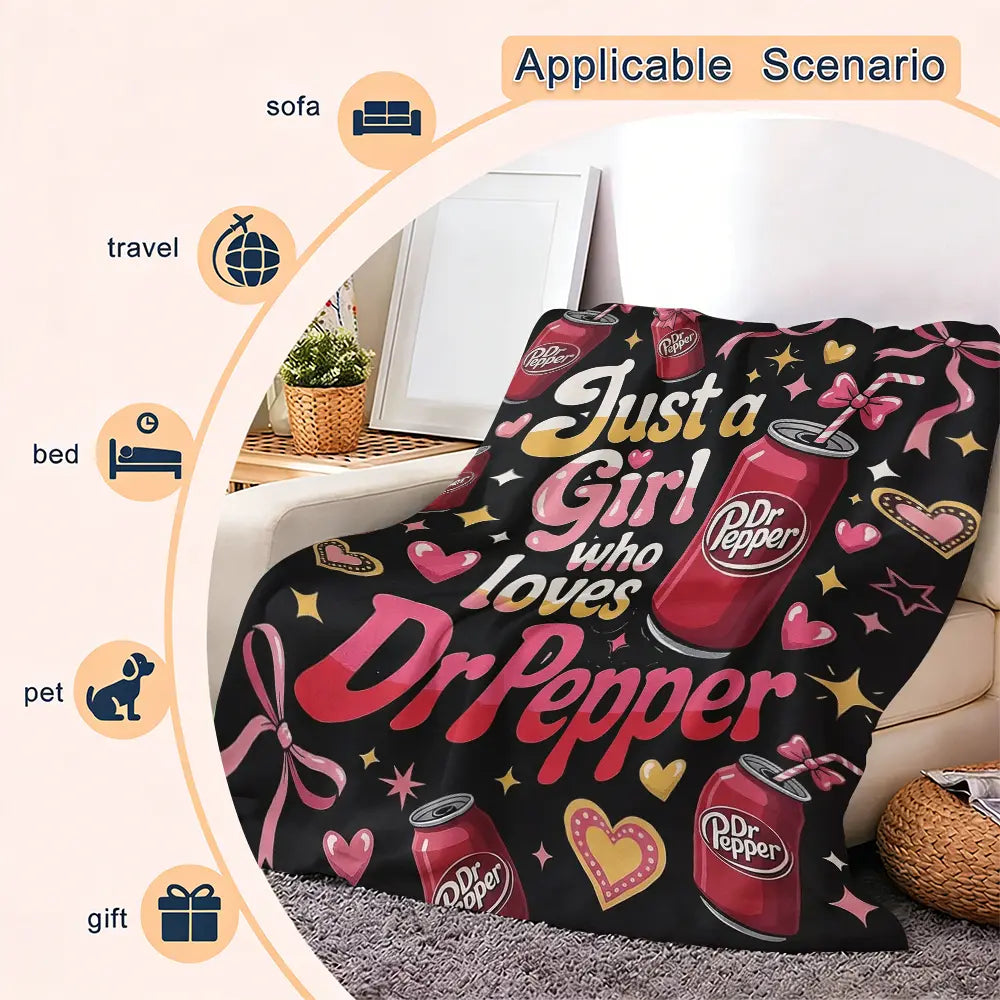 Dr Pepper Character-Themed Flannel Lap Fleece Throw Blanket, Pink Bow Heart Art Print, Cozy Setup for Sofa Bed Travel, Gifts for Women Gf Gift Feel Cosy Home Decor for Soda Enthusiasts Girls