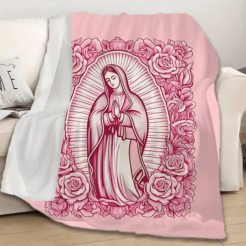 1 Piece Cozy Pink Virgin Mary Blanket-Super Soft Velvet with Floral Pattern, Perfect Gift for Mom, Grandma, Birthday and Valentine's Day, Perfect for Sofa, Bed, Travel and Living Room, multifunctional Blanket | Floral Blanket | Plush Texture,Meditation