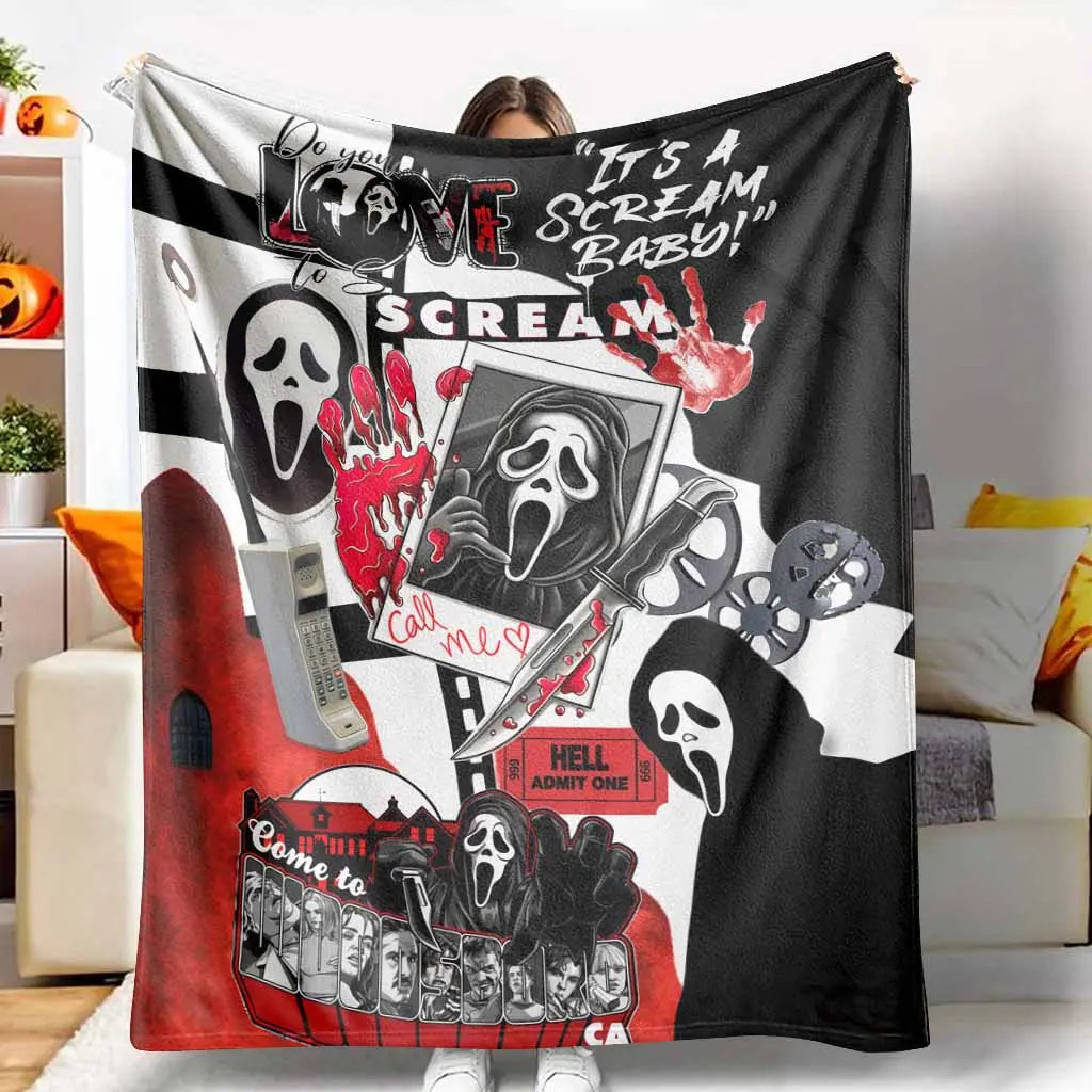 Scream Movie Ghostface Killer Graphic Flannel Blanket - UltraSoft, Anti-Pilling, Compact Size for Travel, Folds Flat Saves Space, Halloween Decor, Spooky Gift Idea, Scream Graphic Sparks Chills