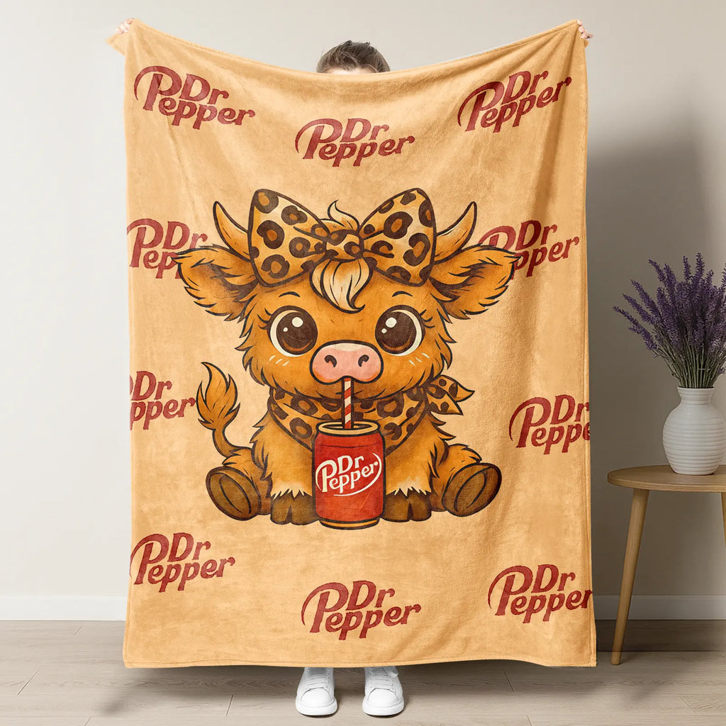 Cartoon Printed Character-Themed Cute Highland Cow Pattern Throw Blanket, 100% Polyester Cute Home Textile, Soft Warm Lightweight Blanket for Home & Office Gifts