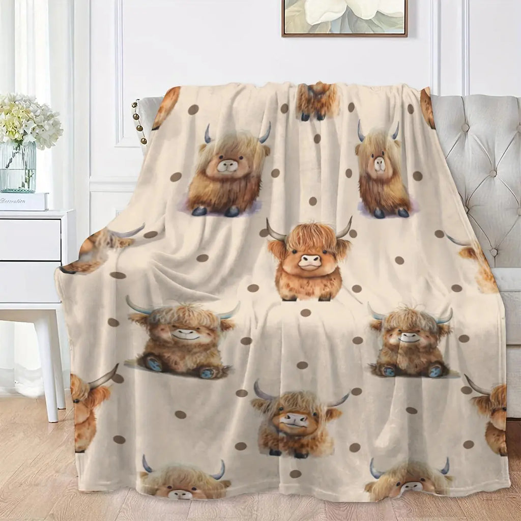 Cute Highland Cow Pattern Flannel Fleece Blanket, Soft Warm Nap Throw for Sofa & Bed, Lightweight Cozy Blanket for Home & Office, Multifunctional Fluffy Blanket, Decorative Gift #GLOBAL PICKS