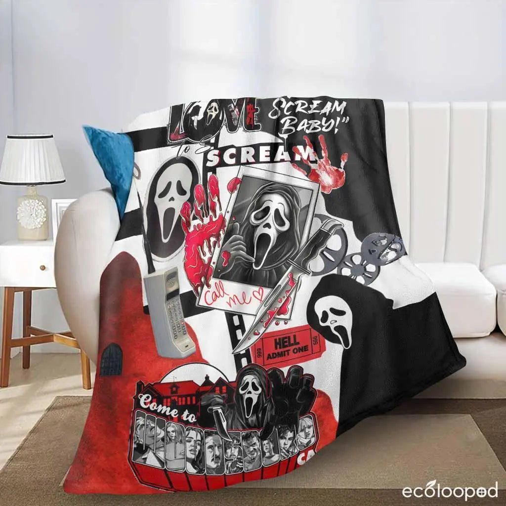 Scream Movie Ghostface Killer Graphic Flannel Blanket - UltraSoft, Anti-Pilling, Compact Size for Travel, Folds Flat Saves Space, Halloween Decor, Spooky Gift Idea, Scream Graphic Sparks Chills