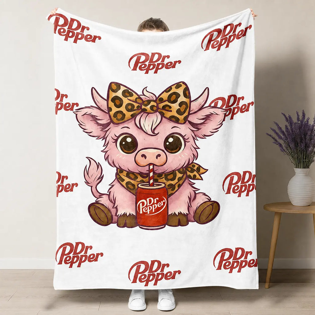 Cartoon Printed Character-Themed Cute Highland Cow Pattern Throw Blanket, 100% Polyester Cute Home Textile, Soft Warm Lightweight Blanket for Home & Office Gifts