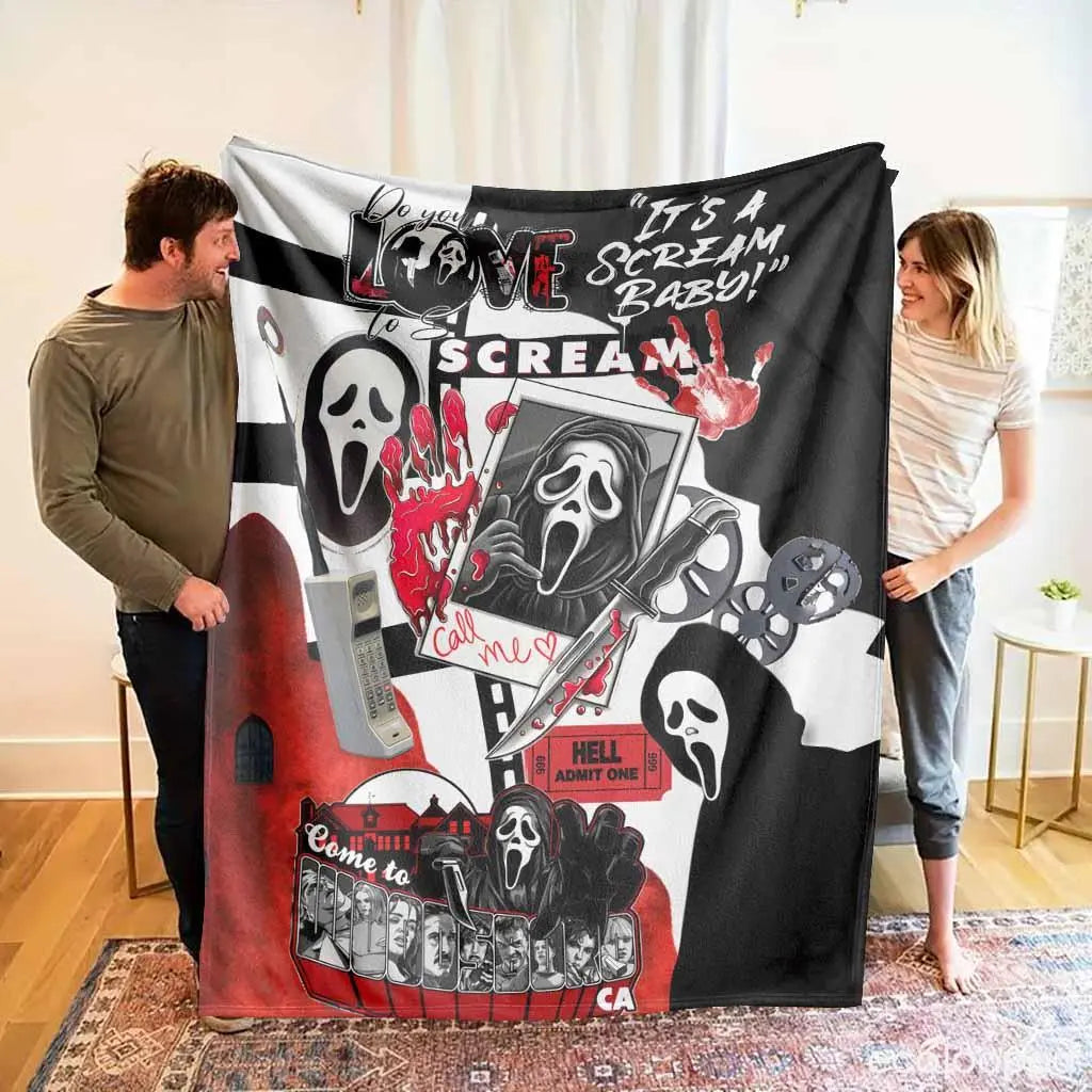 Scream Movie Ghostface Killer Graphic Flannel Blanket - UltraSoft, Anti-Pilling, Compact Size for Travel, Folds Flat Saves Space, Halloween Decor, Spooky Gift Idea, Scream Graphic Sparks Chills
