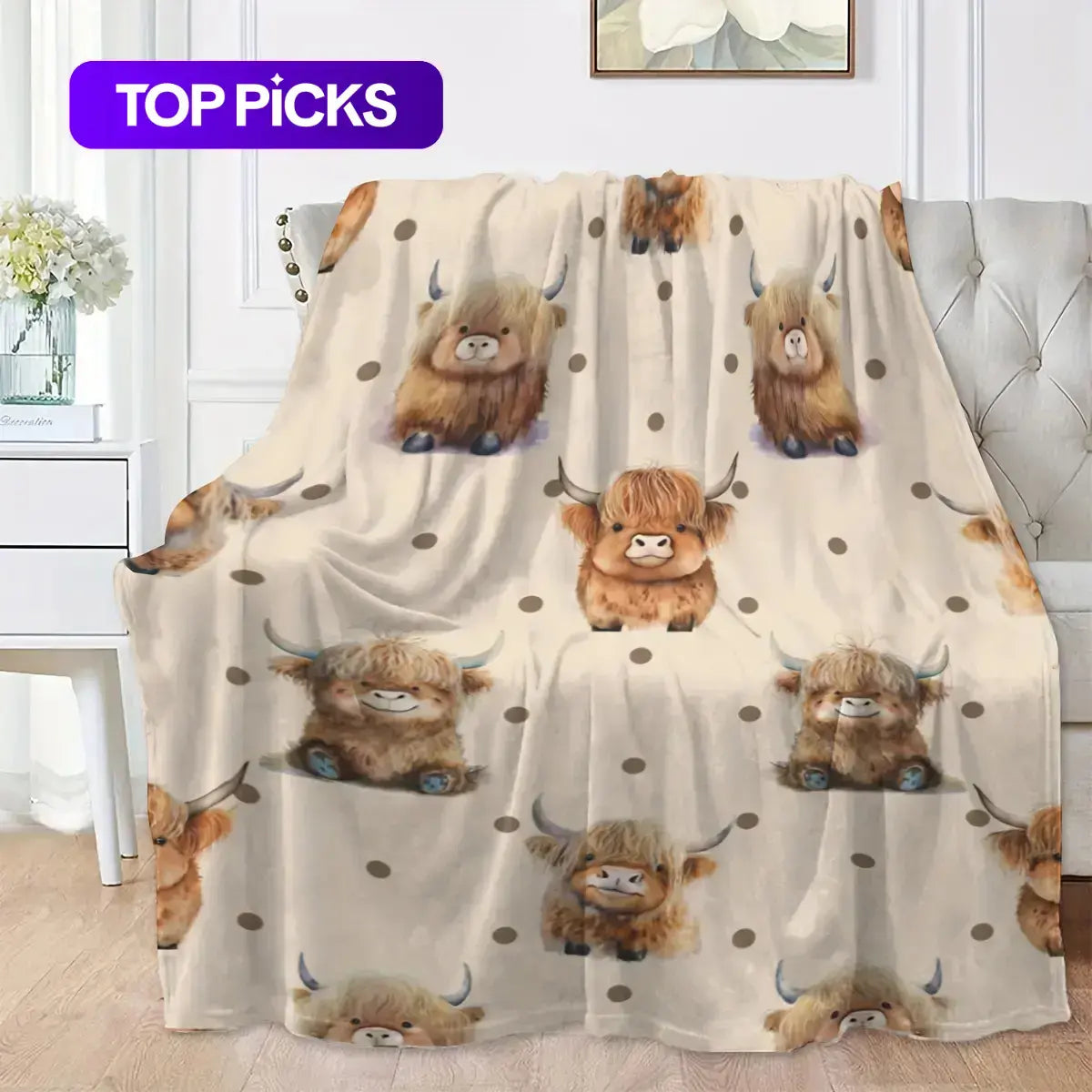 Cute Highland Cow Pattern Flannel Fleece Blanket, Soft Warm Nap Throw for Sofa & Bed, Lightweight Cozy Blanket for Home & Office, Multifunctional Fluffy Blanket, Decorative Gift #GLOBAL PICKS
