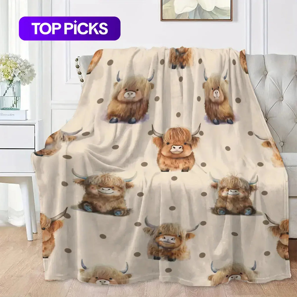 Cute Highland Cow Pattern Flannel Fleece Blanket, Soft Warm Nap Throw for Sofa & Bed, Lightweight Cozy Blanket for Home & Office, Multifunctional Fluffy Blanket, Decorative Gift #GLOBAL PICKS