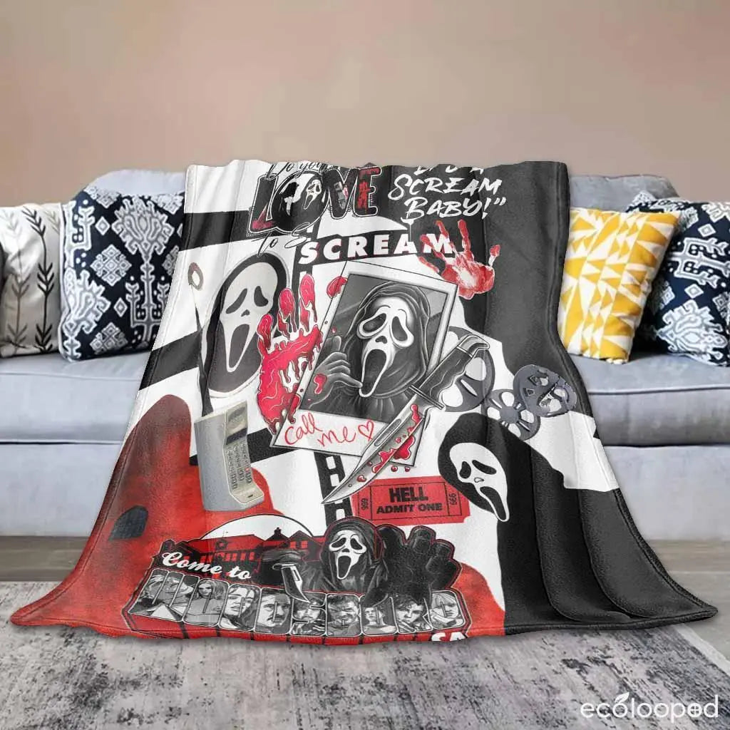 Scream Movie Ghostface Killer Graphic Flannel Blanket - UltraSoft, Anti-Pilling, Compact Size for Travel, Folds Flat Saves Space, Halloween Decor, Spooky Gift Idea, Scream Graphic Sparks Chills