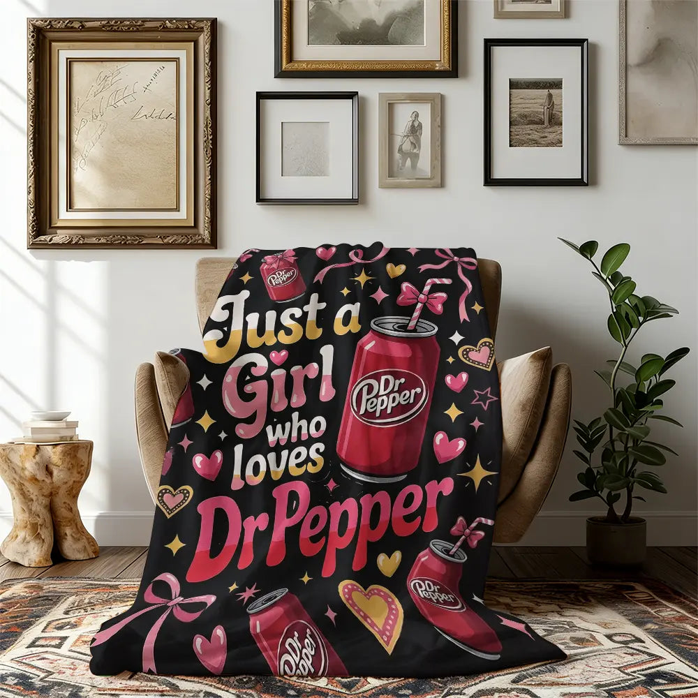 Dr Pepper Character-Themed Flannel Lap Fleece Throw Blanket, Pink Bow Heart Art Print, Cozy Setup for Sofa Bed Travel, Gifts for Women Gf Gift Feel Cosy Home Decor for Soda Enthusiasts Girls