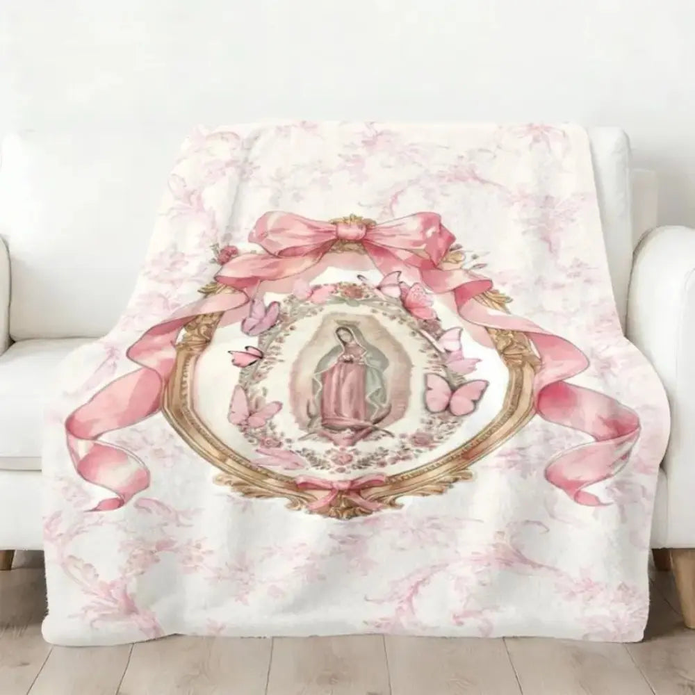 Virgin Mary Our Lady of Guadalupe Pink Bow Frame Flannel Blanket Soft Funny Throw Blanket Cozy Lightweight Plush Portable Cover Blanket For Sofa,Warm Gift For Birthday,Christmas,Multiple Blanket Cozy Chic Blanket Flannel Throw Blankets